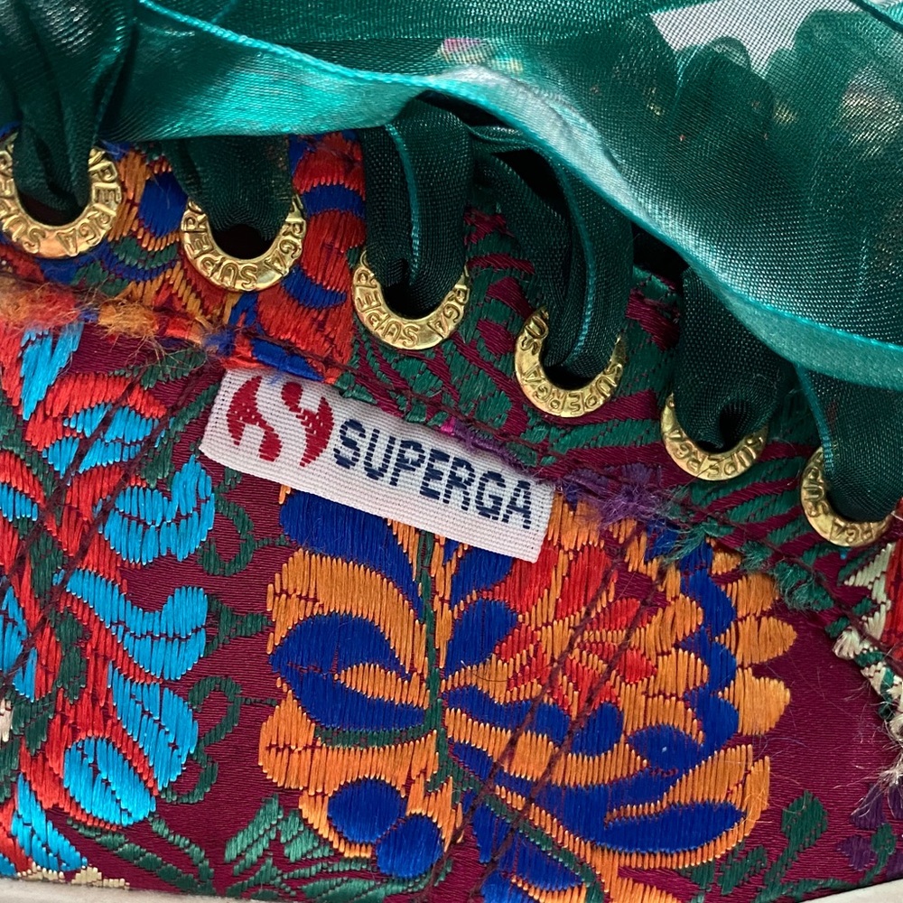 Superga Floral Satin Low-Top Sneakers with Teal Ribbon Laces. - Picture 2 of 16
